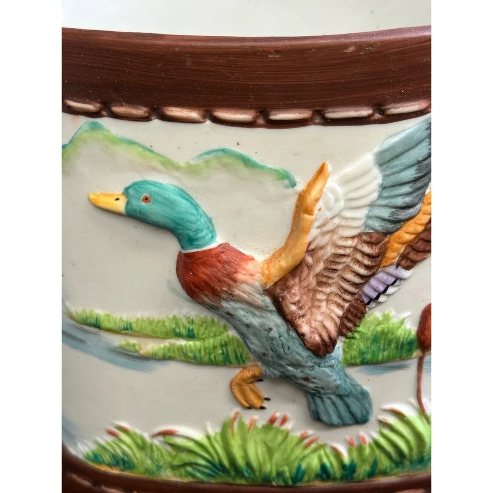 Vintage Mallard Duck Ceramic Planter Pencil Cup 3D Embossed Wildlife Decor